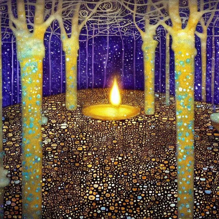 Glowing candle in mystical forest with starry sky backdrop