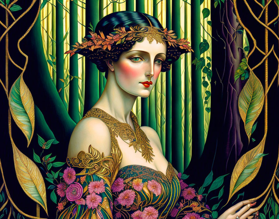 Art Nouveau-style portrait of woman with floral wreath and bamboo backdrop