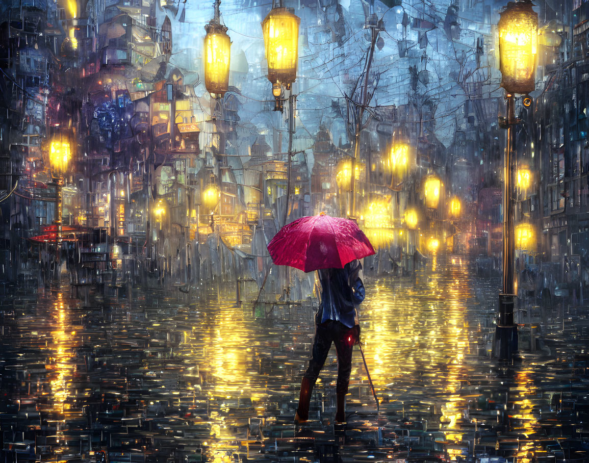 Person with red umbrella on rain-soaked street under golden lanterns and whimsical buildings.