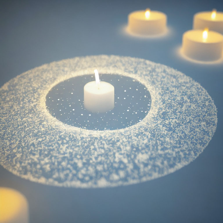 Circular arrangement of five lit candles on powder-covered surface