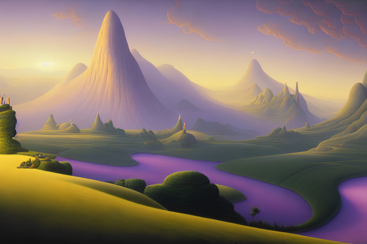 Surreal landscape with towering peaks, green hills, purple river, sunset sky