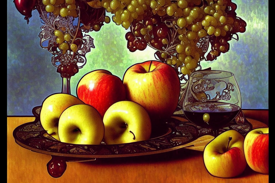Colorful still life with apples, wine, grapes, and window view