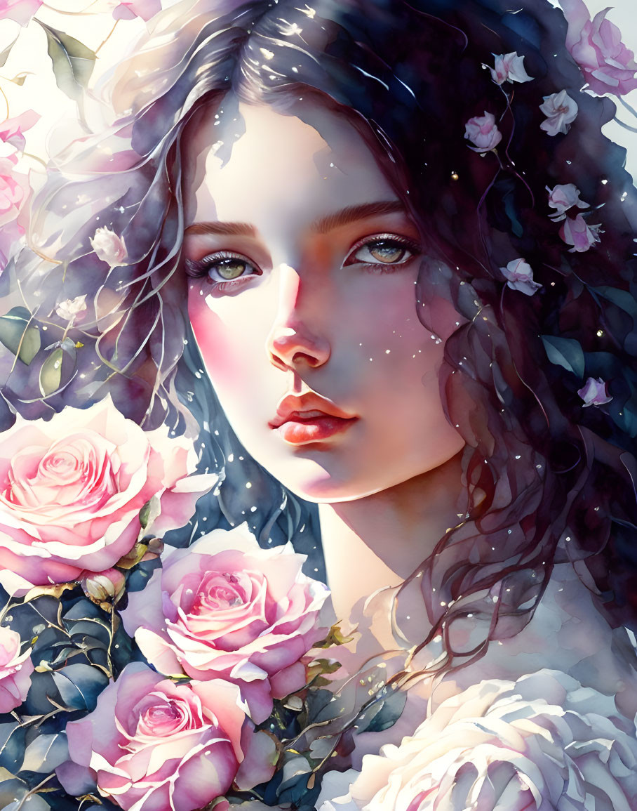 Serene woman with pink roses in digital art