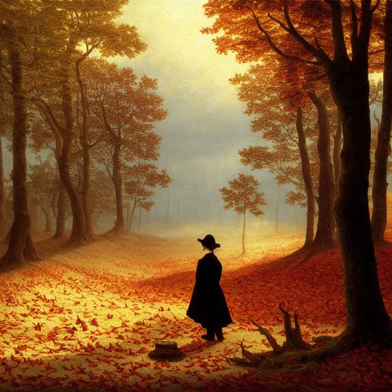 Figure in Hat and Cloak Amidst Autumn Forest with Golden Leaves
