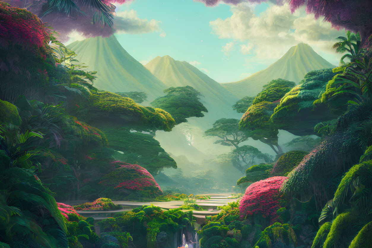 Vibrant fantasy landscape with colorful flora, twin peaks, and serene river