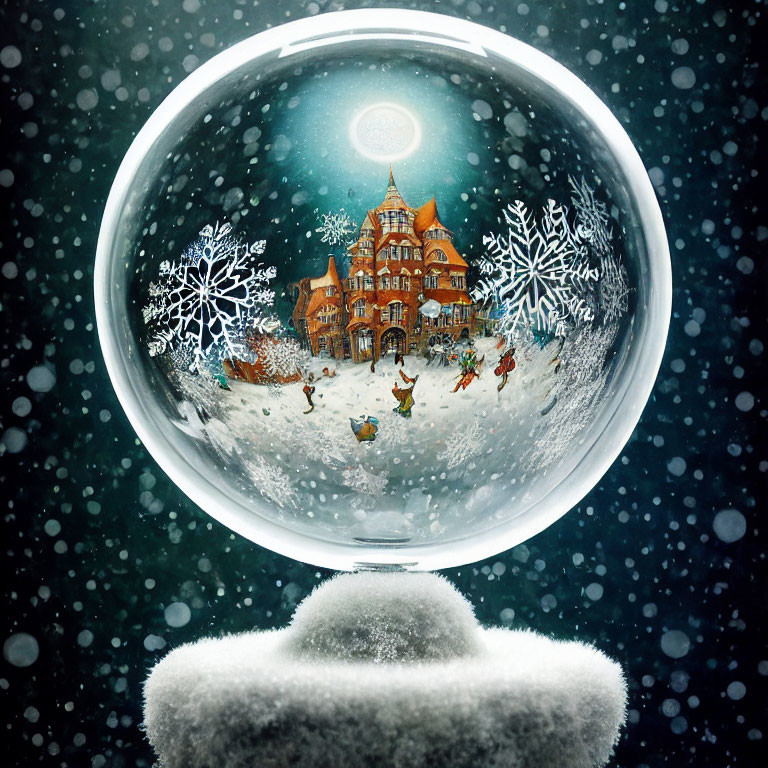 Winter Scene Snow Globe with Illuminated Cottage and Skating Figures