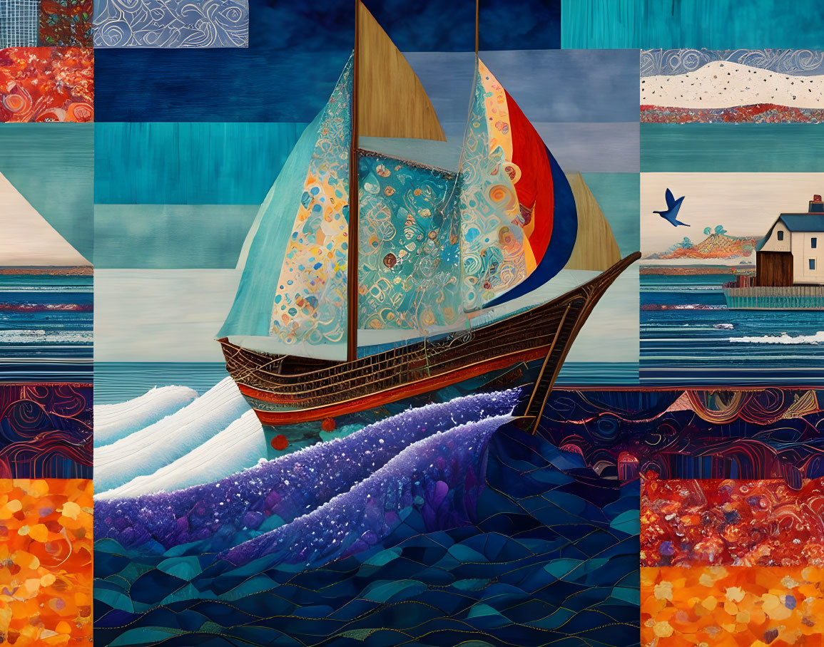 Colorful patchwork-style sailing boat on vibrant sea with artistic sky