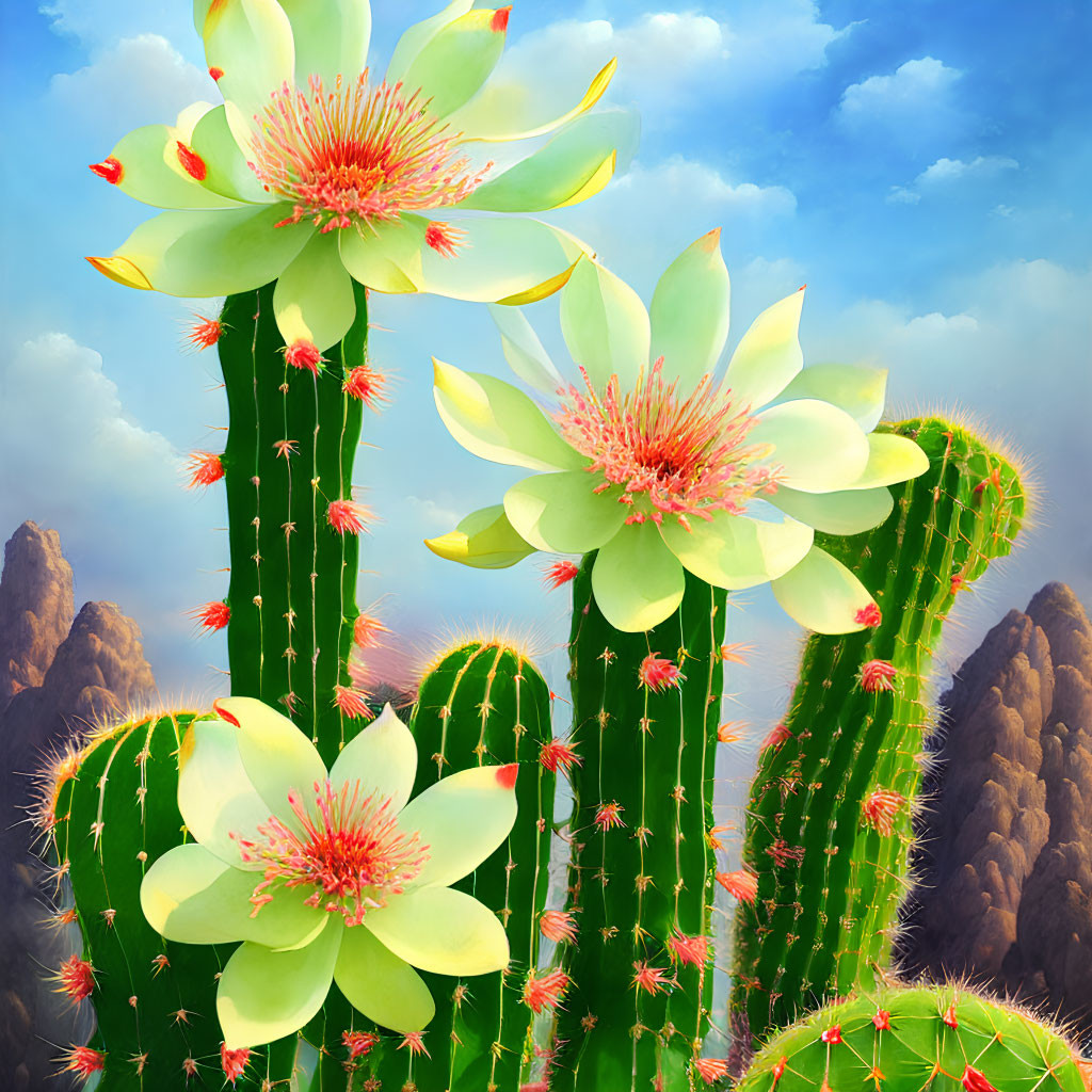 Colorful cacti with white flowers against mountain backdrop