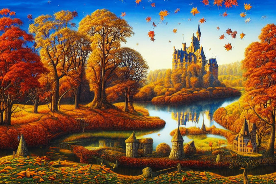 Scenic autumn landscape with castle, colorful trees, serene lake