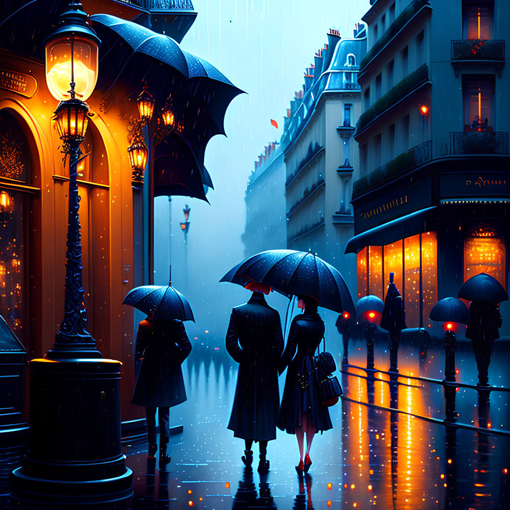 People with umbrellas walking on rain-soaked Parisian street at night