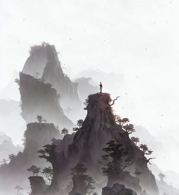 Solitary figure on misty peak gazes at fog-covered cliffs