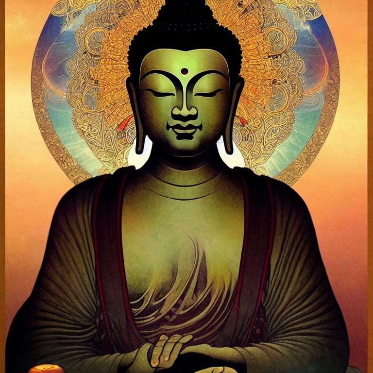 Meditative Buddha with golden aura in red attire on warm backdrop