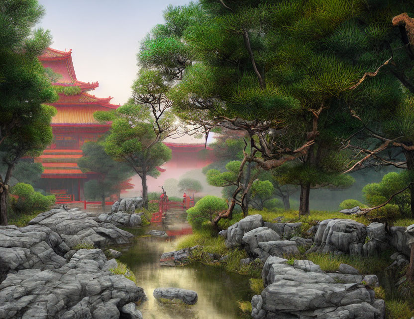 Traditional Asian Landscape with Red Pagoda, Bridge, and Stream