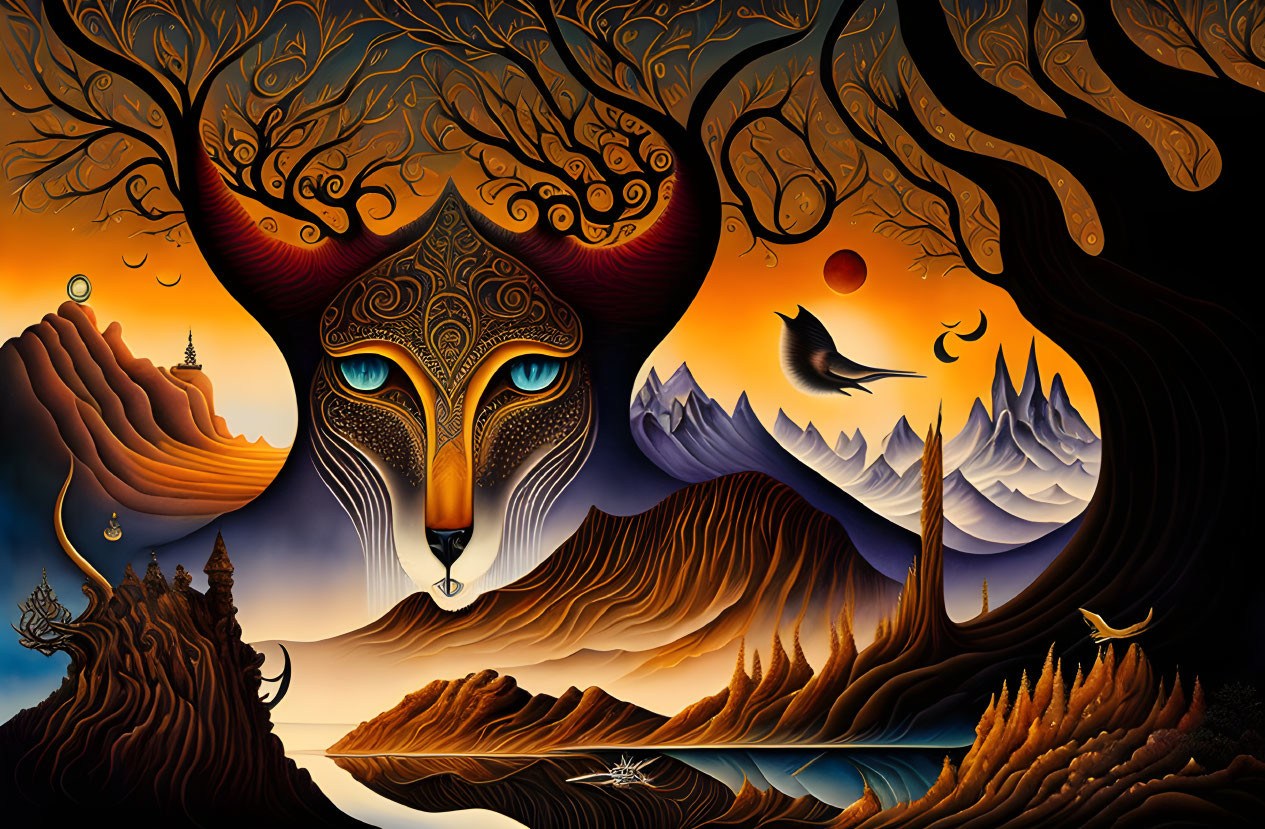 Fox Face Landscape Illustration with Trees, Mountains, Rivers