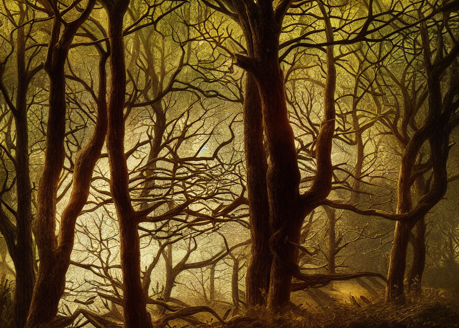 Mystical forest scene with bare intertwining branches in golden light