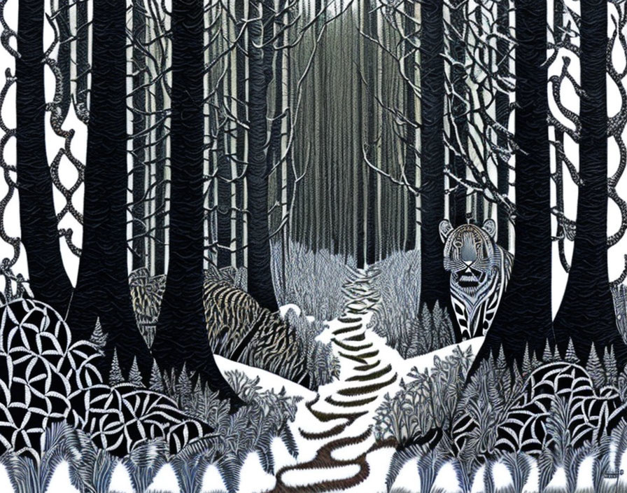 Monochrome forest illustration with tiger on path
