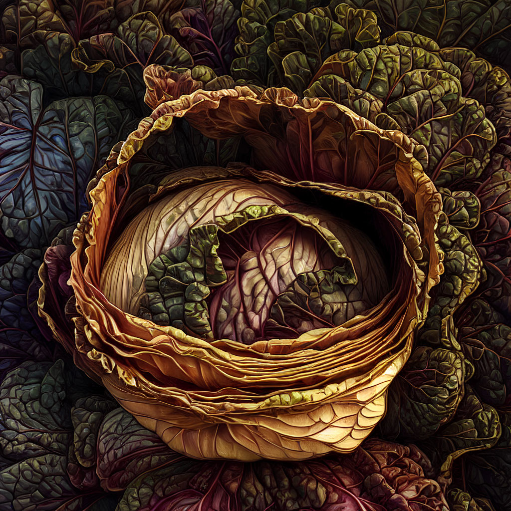 Detailed illustration of vibrant cabbage with spiraling core and lush leaves