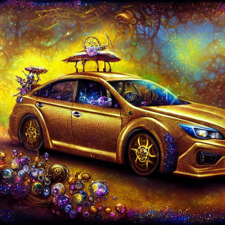 Golden Car with Intricate Designs Surrounded by Colorful Orbs and Alien-Like Purple Blooms