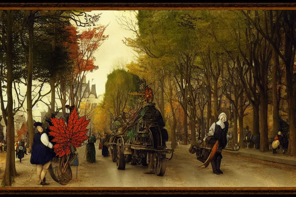 Traditional autumn street scene with horse-drawn cart and vibrant foliage