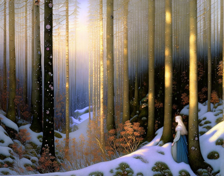 Winter forest scene: sunbeams, snow-covered ground, solitary figure in cloak