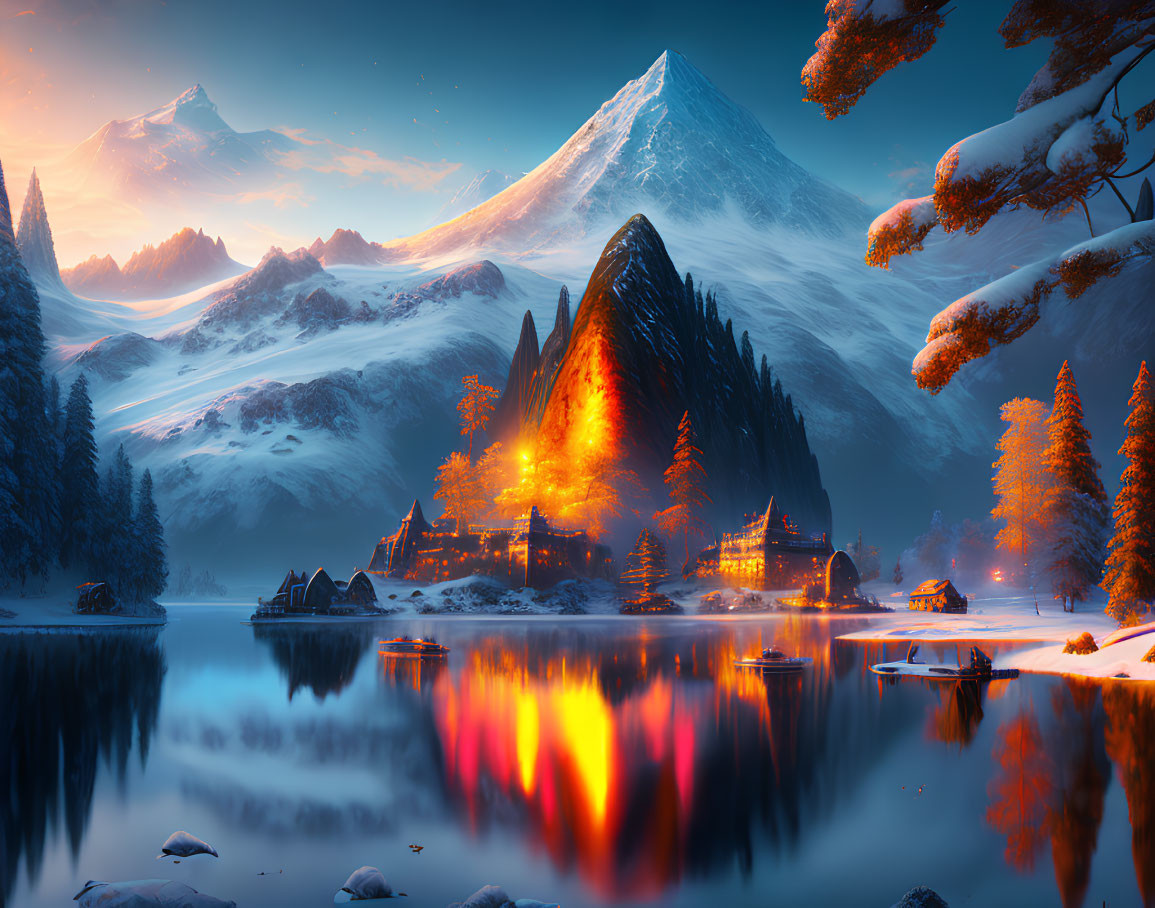 Snow-covered mountains and cozy cottages in serene winter dusk scene