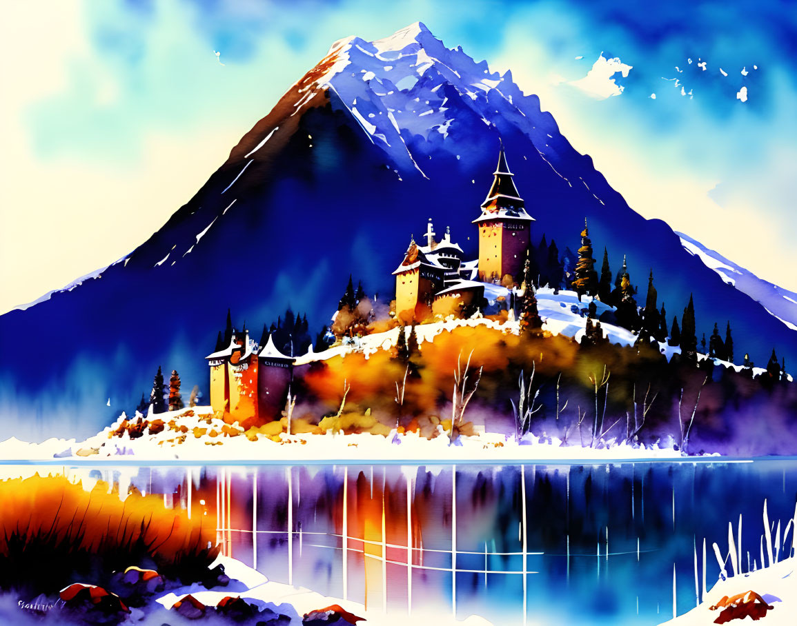 Castle with spires in snowy landscape watercolor painting.