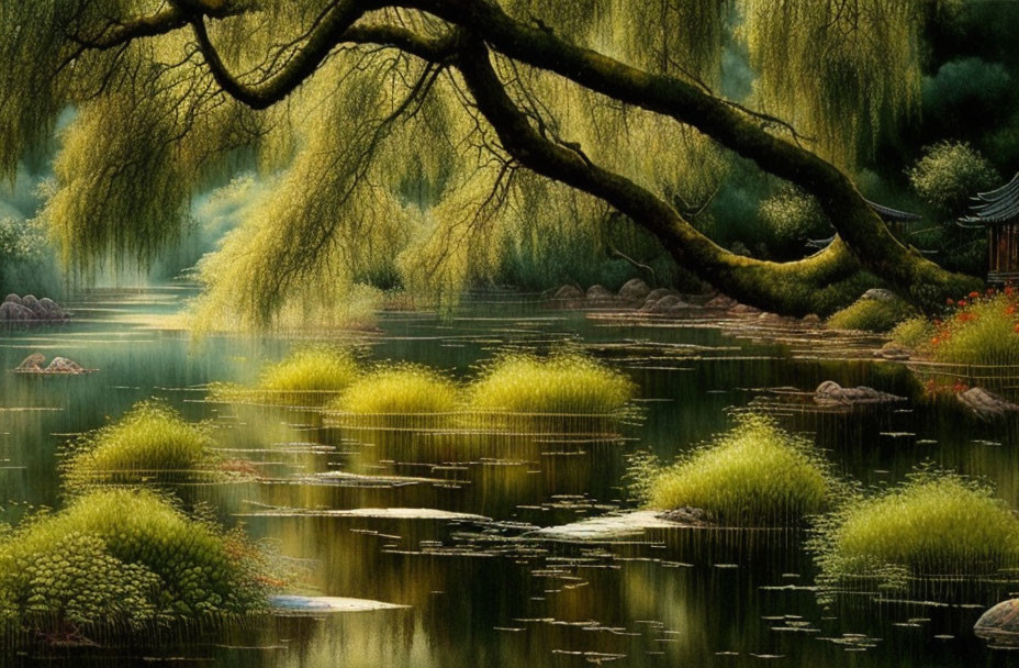 Tranquil lake scene with weeping willows, greenery, and oriental pavilion peek