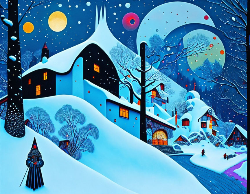 Whimsical winter scene with stylized houses and multiple moons