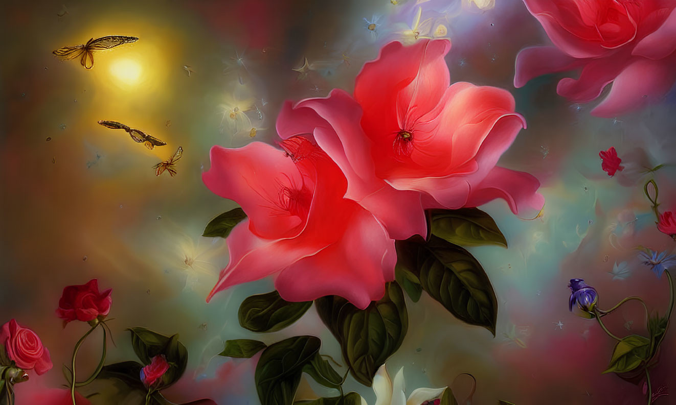 Vibrant digital art of red roses with dreamy backdrop and sparkling lights