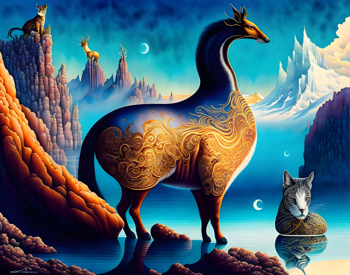 Surreal stylized animal with intricate patterns in moonlit landscape