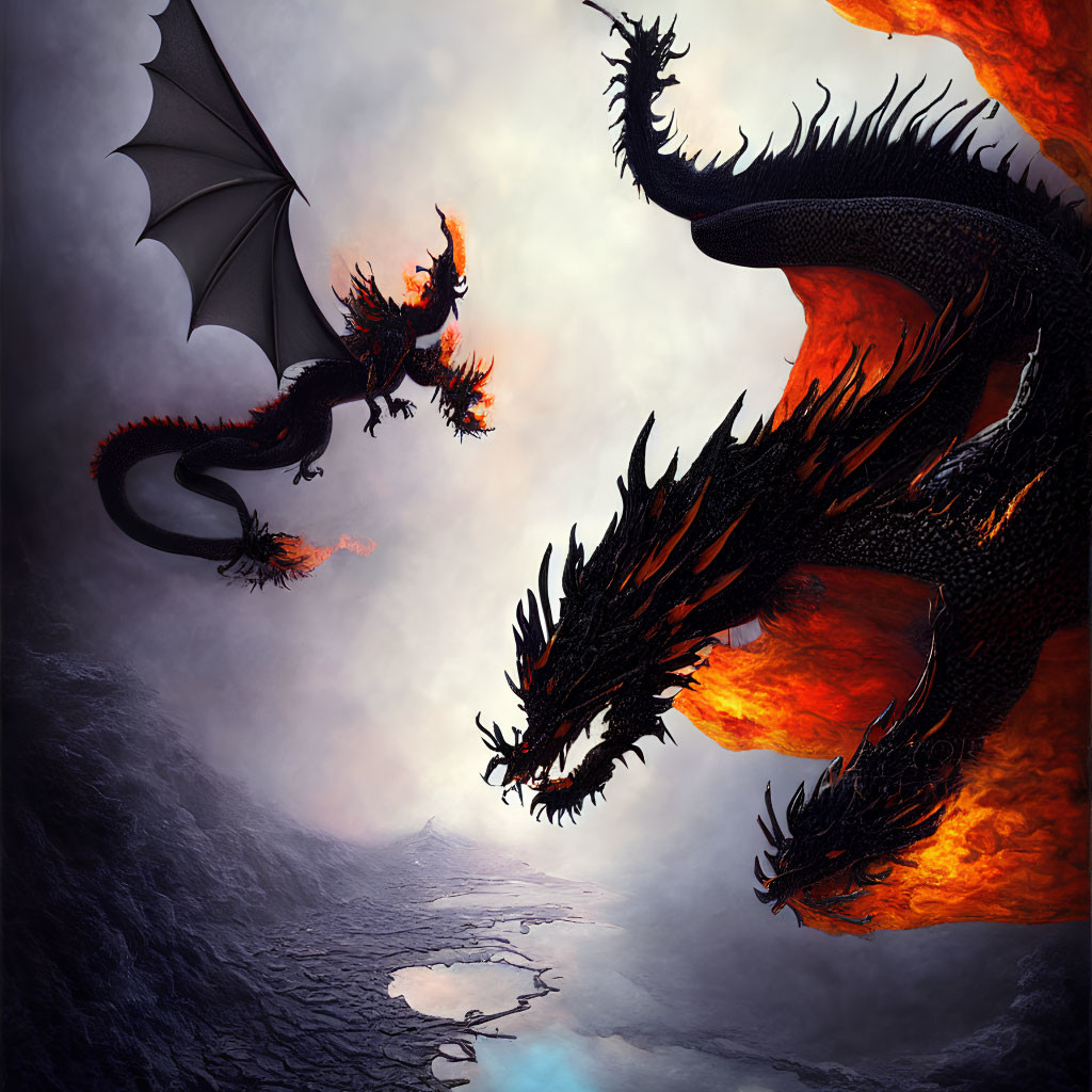 Multi-headed dragon with fiery orange and black scales in apocalyptic sky.