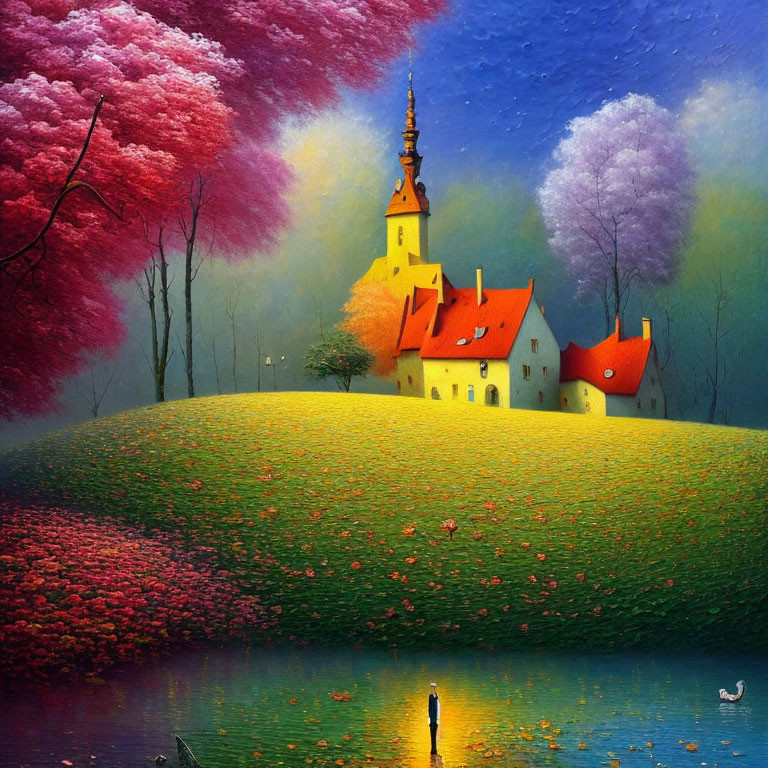 Vibrant Castle on Colorful Whimsical Landscape