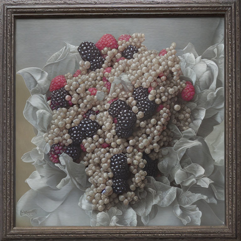 Realistic Painting of Berries on Leaves in Textured Frame