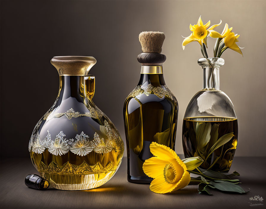 Three ornate oil bottles with intricate designs next to vibrant yellow flowers on a warm, soft-lit