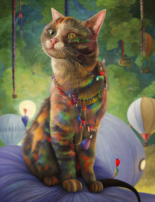 Vibrant cat illustration with rainbow fur on purple surface