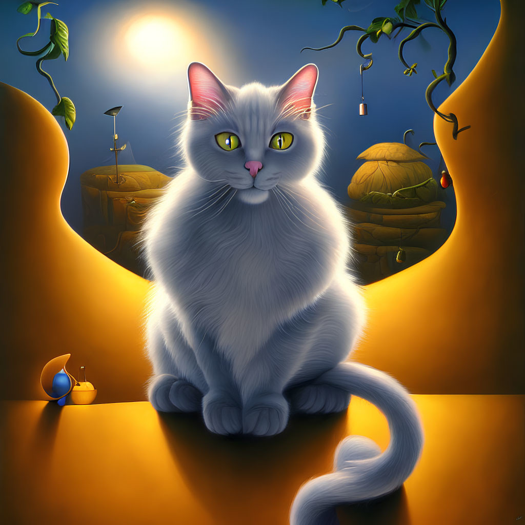 Whimsical digital artwork: White cat under moonlit sky with yellow eyes