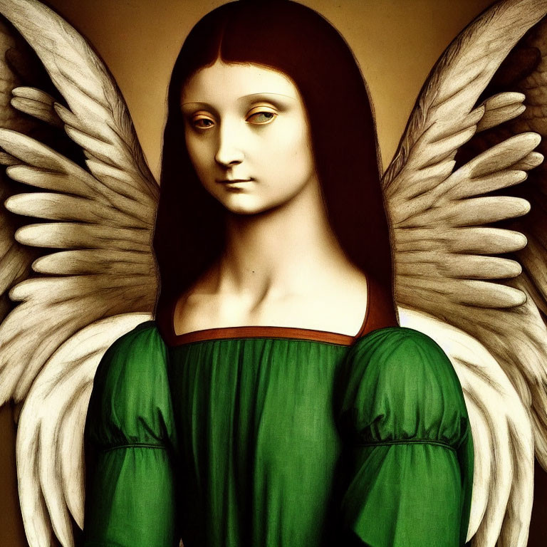 Angel with Brown Hair, White Wings, Green Dress, and Red Collar