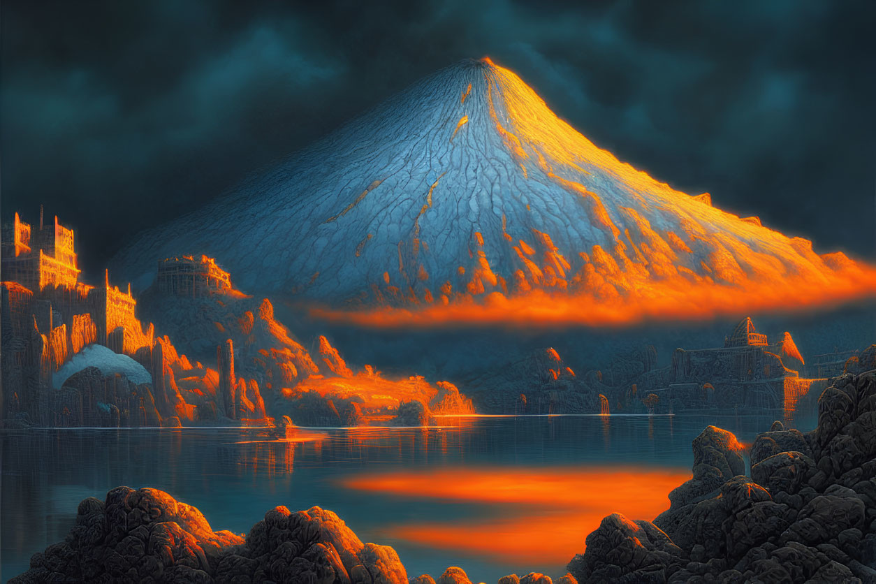 Fantasy landscape with glowing lava flow and ancient castle by the sea