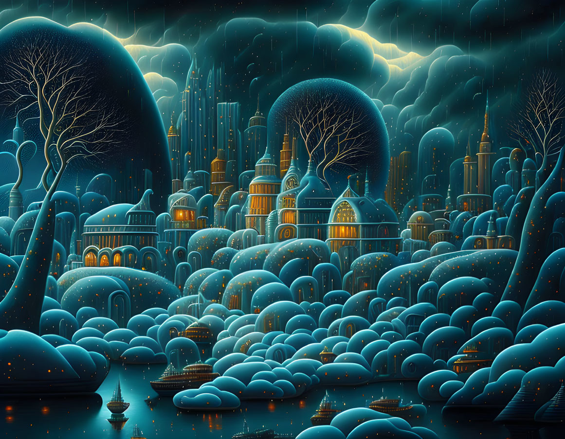 Luminous buildings in fantastical nightscape with glowing clouds
