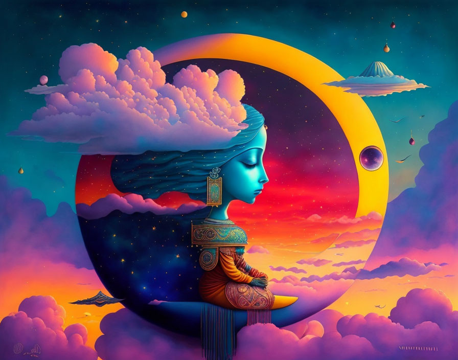 Colorful surreal artwork: Woman's profile merges with cosmic nature on sunset sky