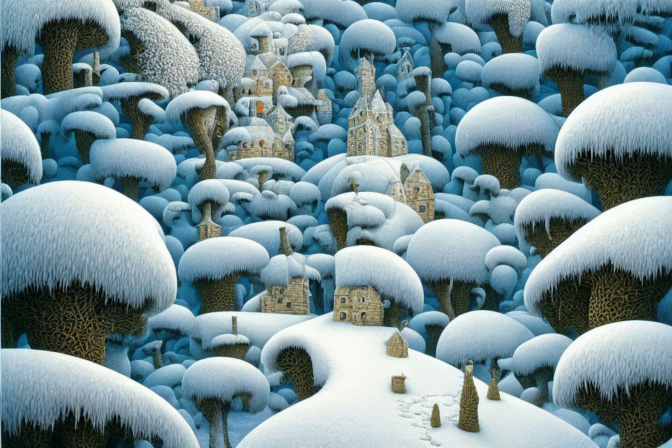 Snow-covered trees and structures in surreal winter landscape