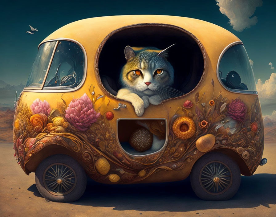 Illustration: Giant cat in ornate yellow vehicle with citrus slice wheels