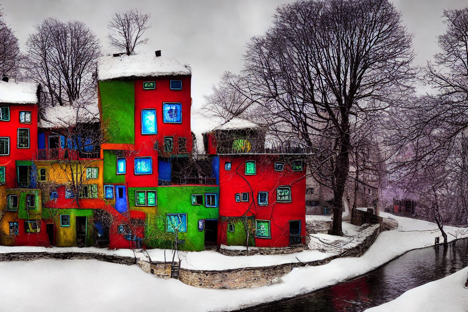 Colorful houses against snowy landscape with river