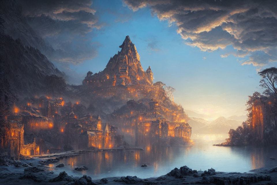 Fantasy mountain city at dusk by misty lake