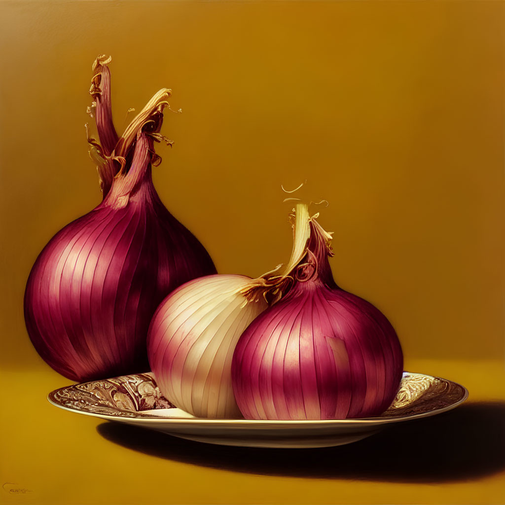 Realistic red and white onions on decorative plate against golden background