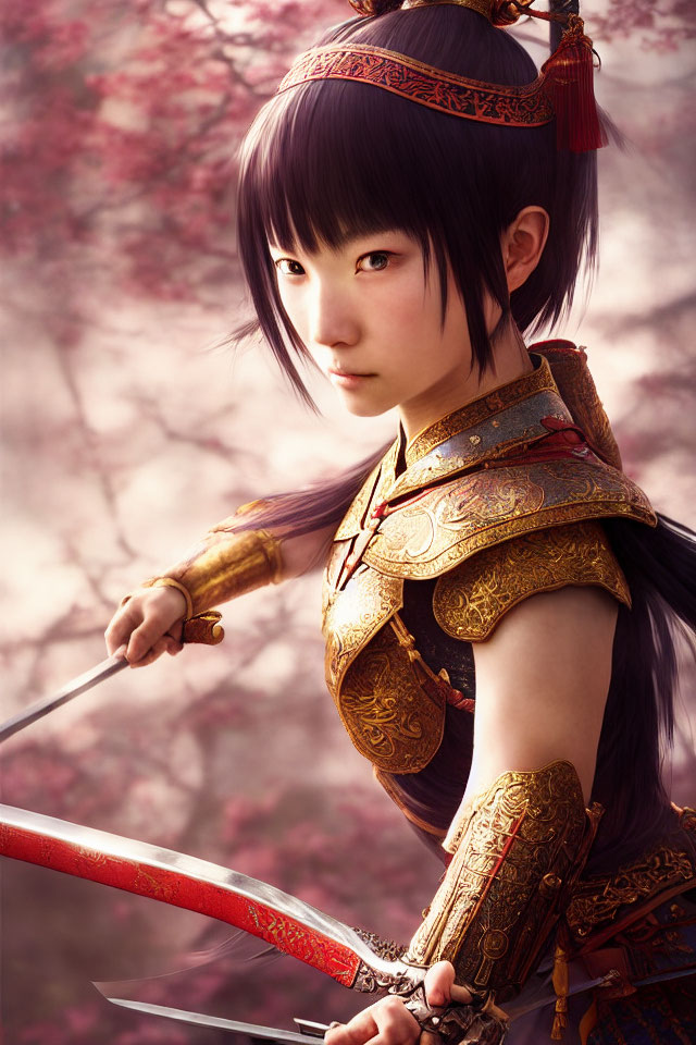 Digital artwork: Warrior woman in red and gold armor with sword, cherry blossoms.