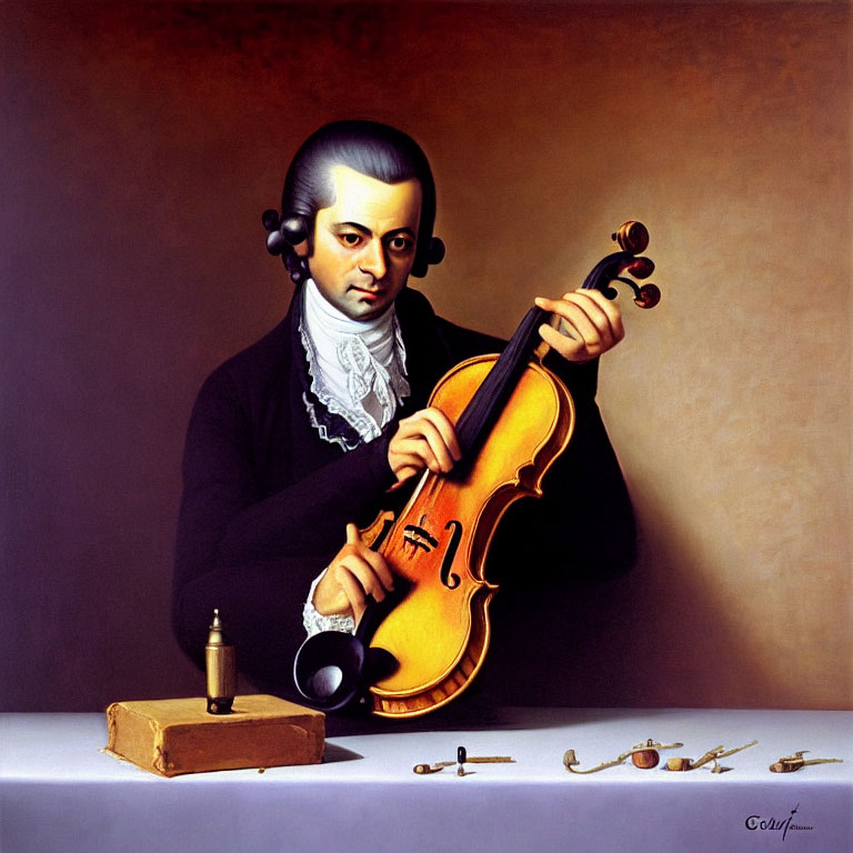 Man in 18th-Century Attire Holding Violin with Quirky Modern Twist