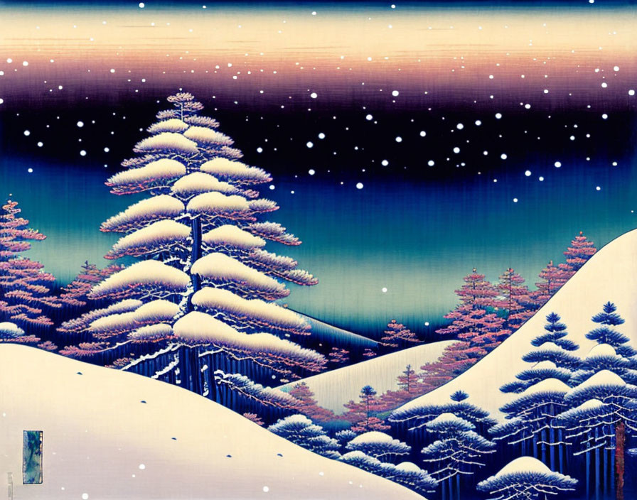 Snowy Pine Trees in Twilight Sky with Falling Snowflakes