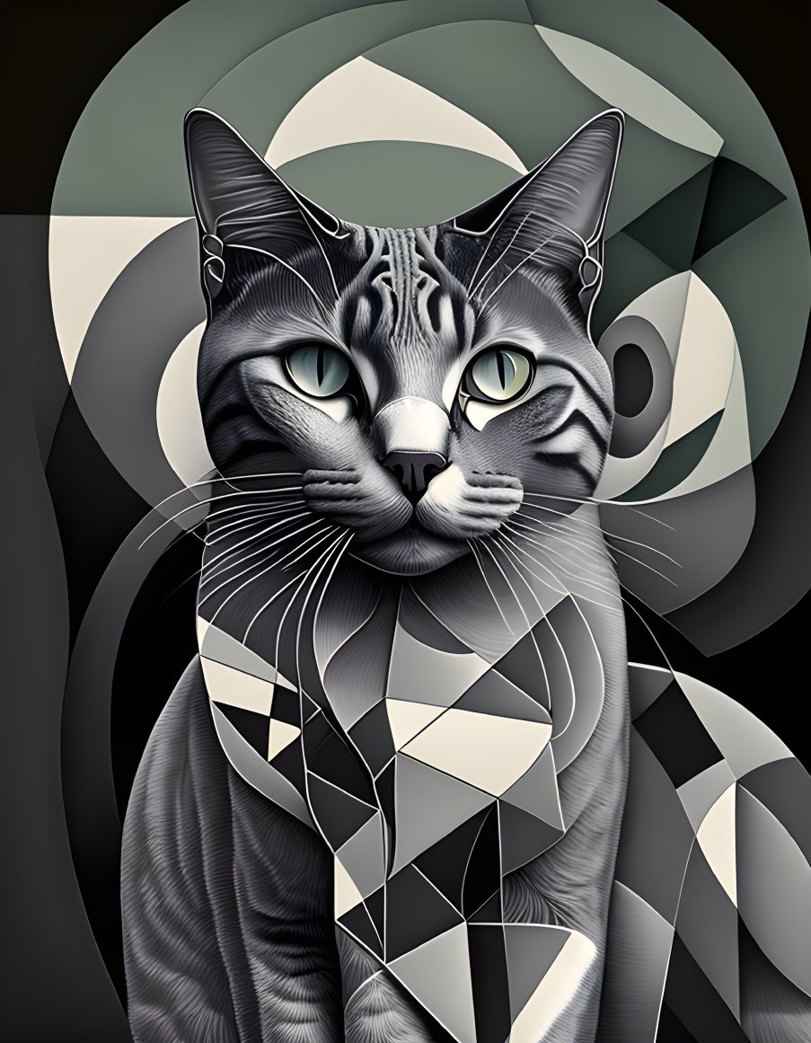 Geometric Pattern Cat Graphic with Spiral Background in Gray, Black, and White