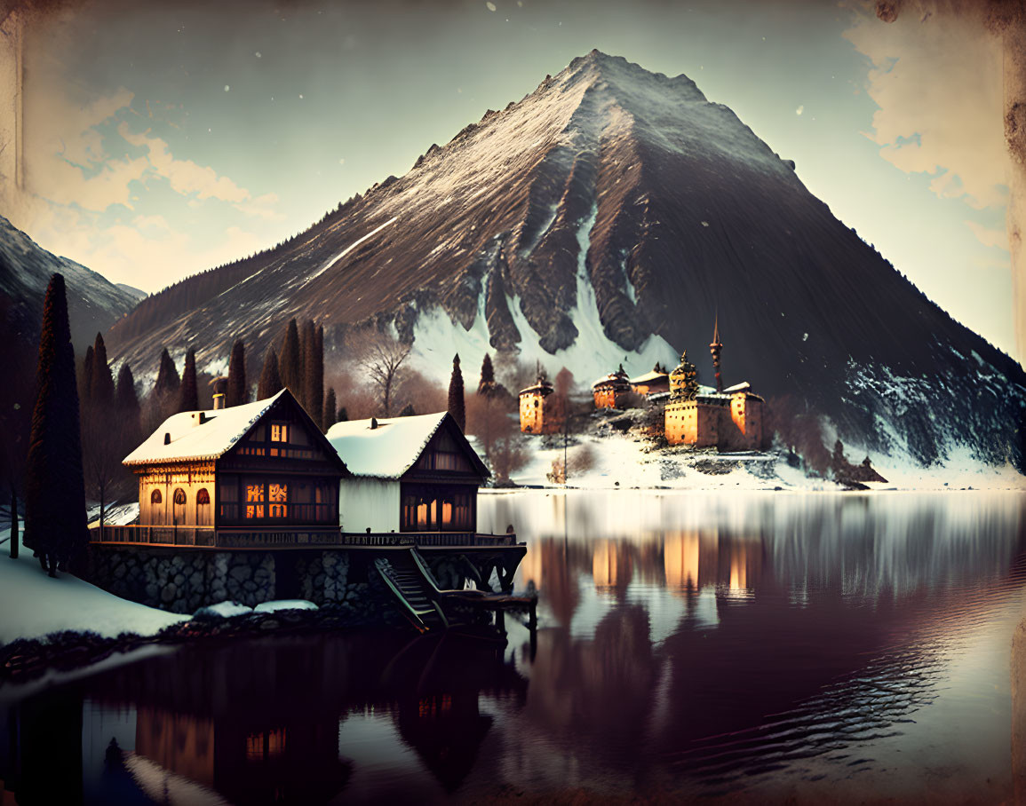 Serene mountainside with snow-covered peak, calm lake, and castle at night